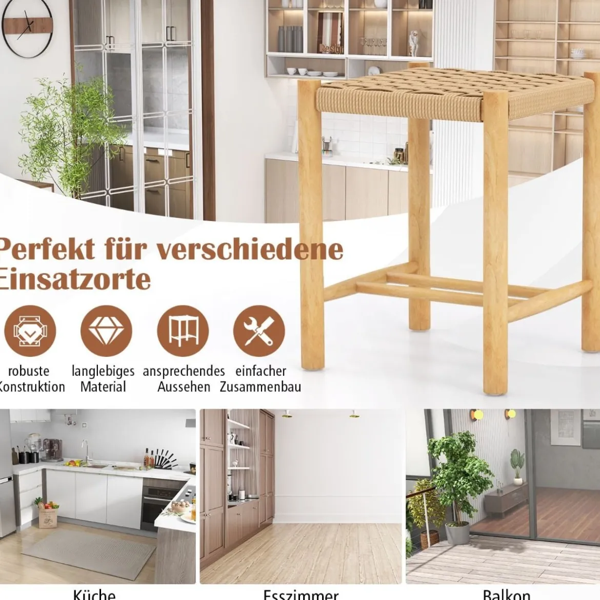 Esszimmerhocker-Set Rahmen aus Gummibaumholz & Sitz aus geflochtenem Papier 36 x 36 x 45 cm