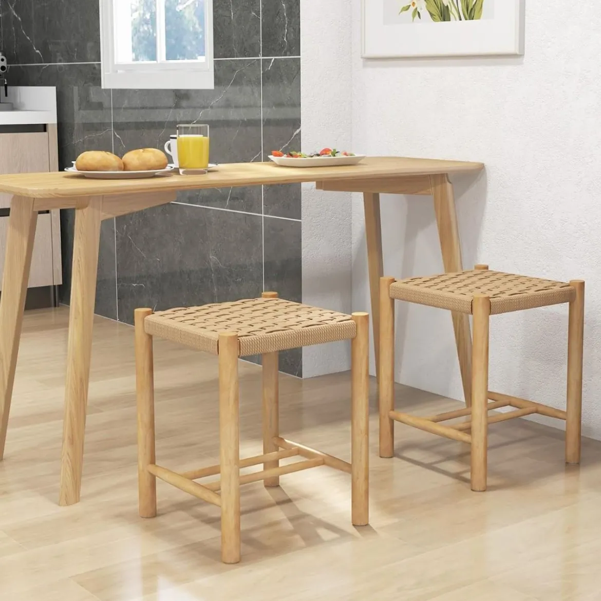 Esszimmerhocker-Set Rahmen aus Gummibaumholz & Sitz aus geflochtenem Papier 36 x 36 x 45 cm