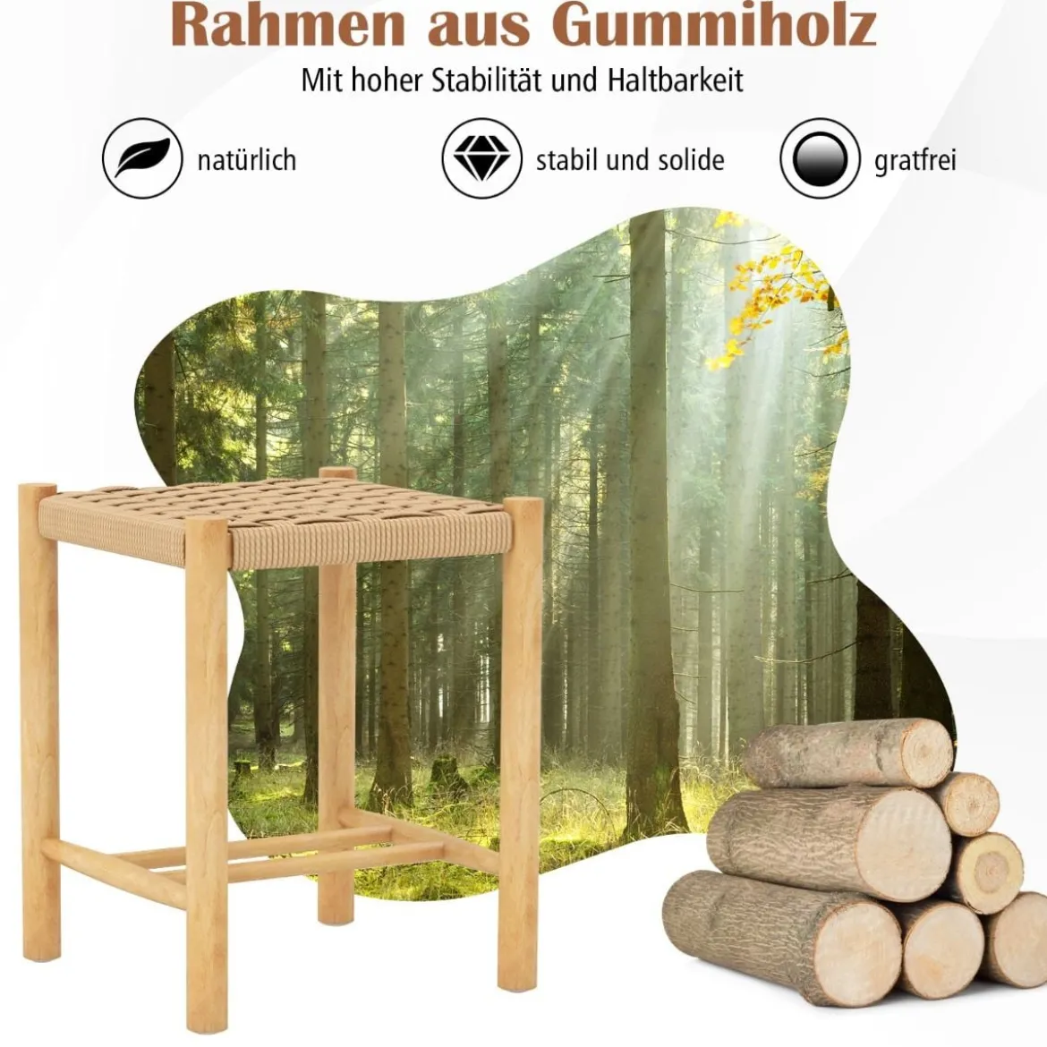 Esszimmerhocker-Set Rahmen aus Gummibaumholz & Sitz aus geflochtenem Papier 36 x 36 x 45 cm