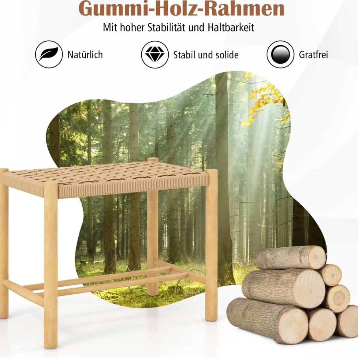Esszimmerhocker-Set Rahmen aus Gummibaumholz & Sitz aus geflochtenem Papier 56 x 36 x 45 cm
