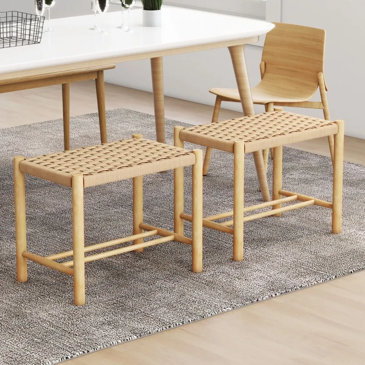 Esszimmerhocker-Set Rahmen aus Gummibaumholz & Sitz aus geflochtenem Papier 56 x 36 x 45 cm