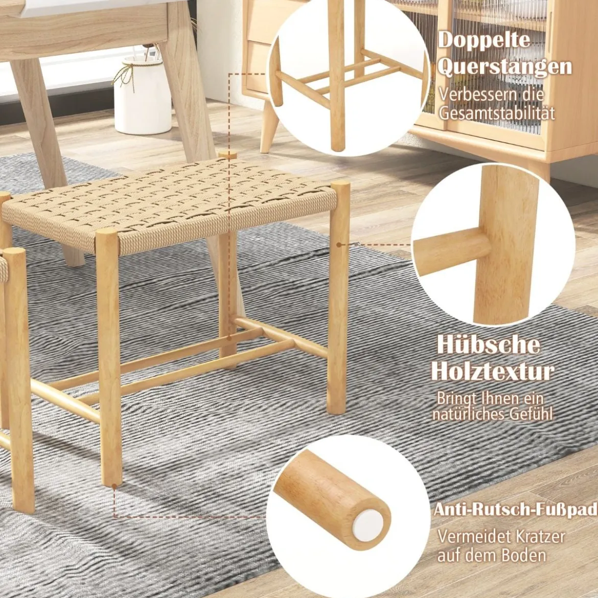 Esszimmerhocker-Set Rahmen aus Gummibaumholz & Sitz aus geflochtenem Papier 56 x 36 x 45 cm