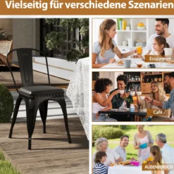 Esszimmerstühle 4er Set Bistrostuhl Metallstuhl stapelbar Küchenstühle gepolstert Gartenstühle mit Rückenlehne 44 x 53 x 84 cm Schwarz