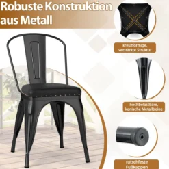 Esszimmerstühle 4er Set Bistrostuhl Metallstuhl stapelbar Küchenstühle gepolstert Gartenstühle mit Rückenlehne 44 x 53 x 84 cm Schwarz