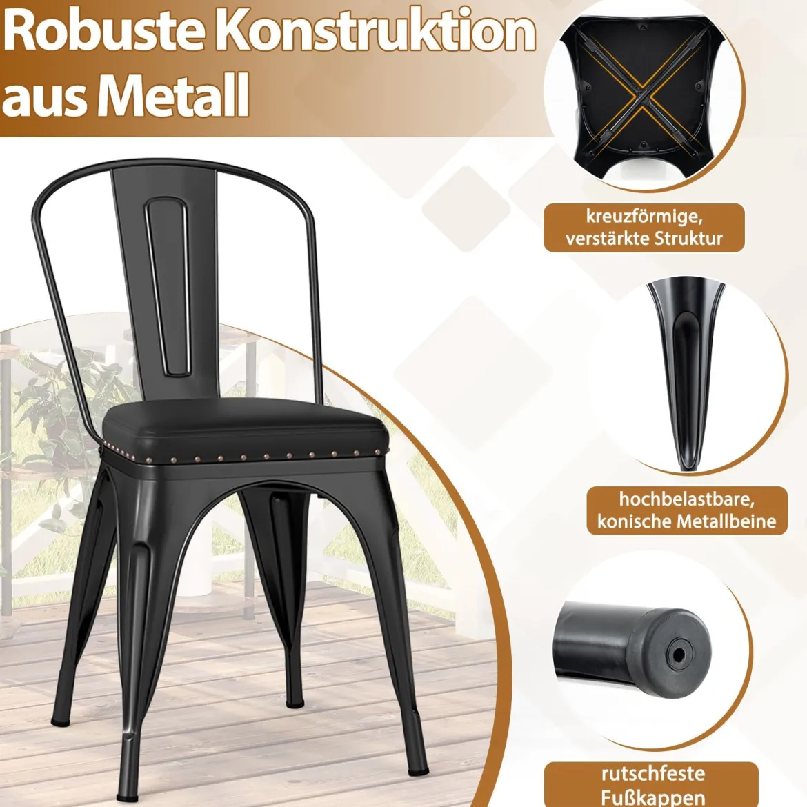 Esszimmerstühle 4er Set Bistrostuhl Metallstuhl stapelbar Küchenstühle gepolstert Gartenstühle mit Rückenlehne 44 x 53 x 84 cm Schwarz