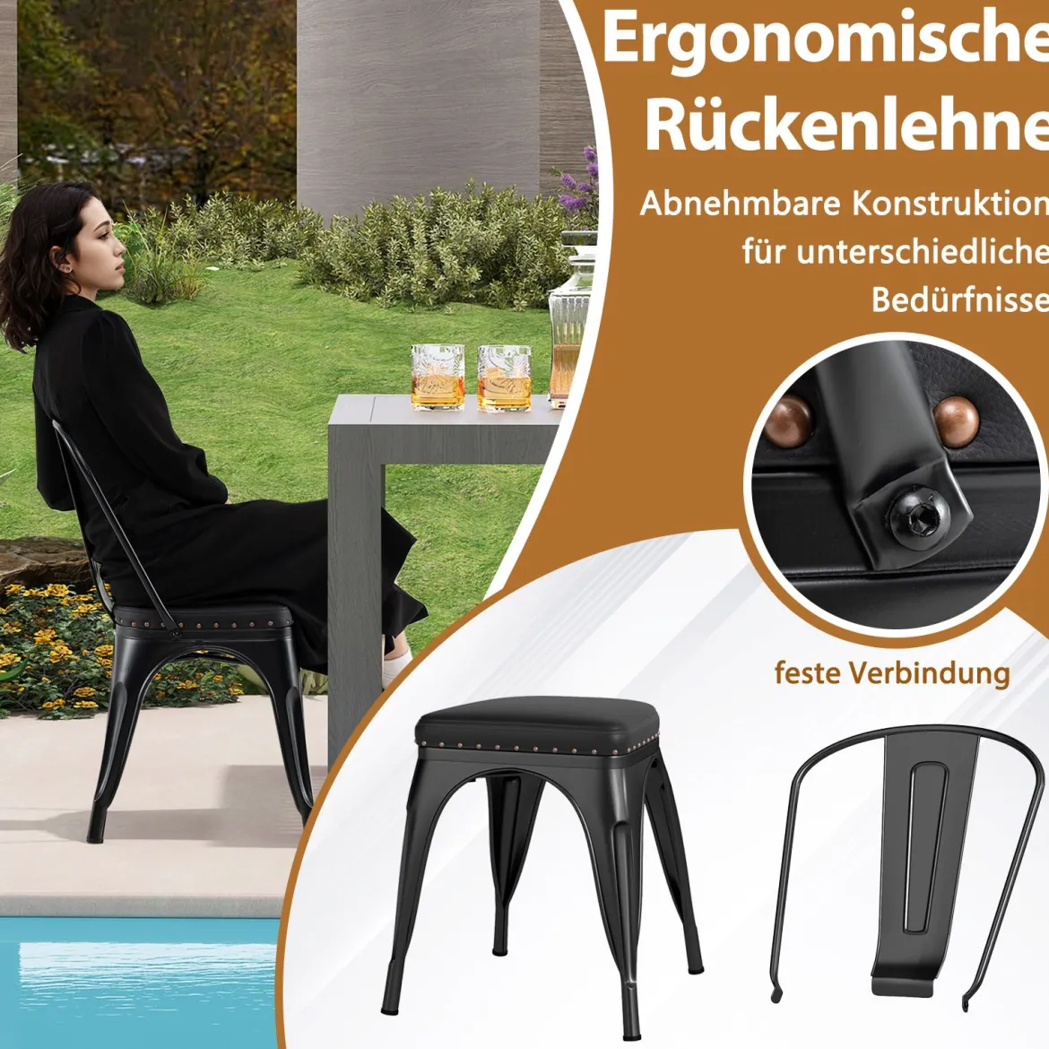 Esszimmerstühle 4er Set Bistrostuhl Metallstuhl stapelbar Küchenstühle gepolstert Gartenstühle mit Rückenlehne 44 x 53 x 84 cm Schwarz