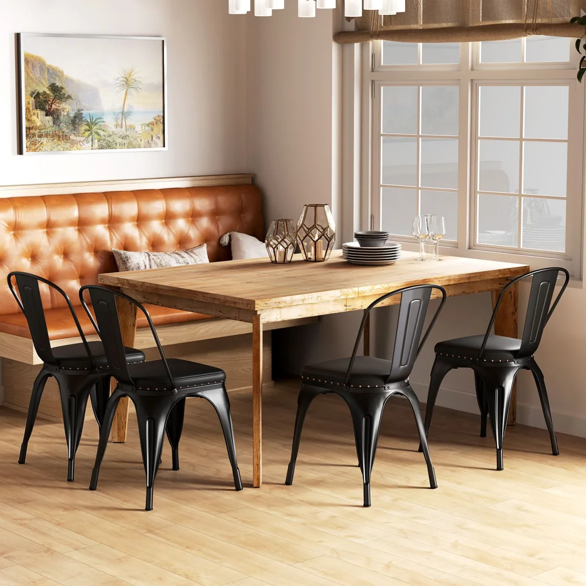 Esszimmerstühle 4er Set Bistrostuhl Metallstuhl stapelbar Küchenstühle gepolstert Gartenstühle mit Rückenlehne 44 x 53 x 84 cm Schwarz