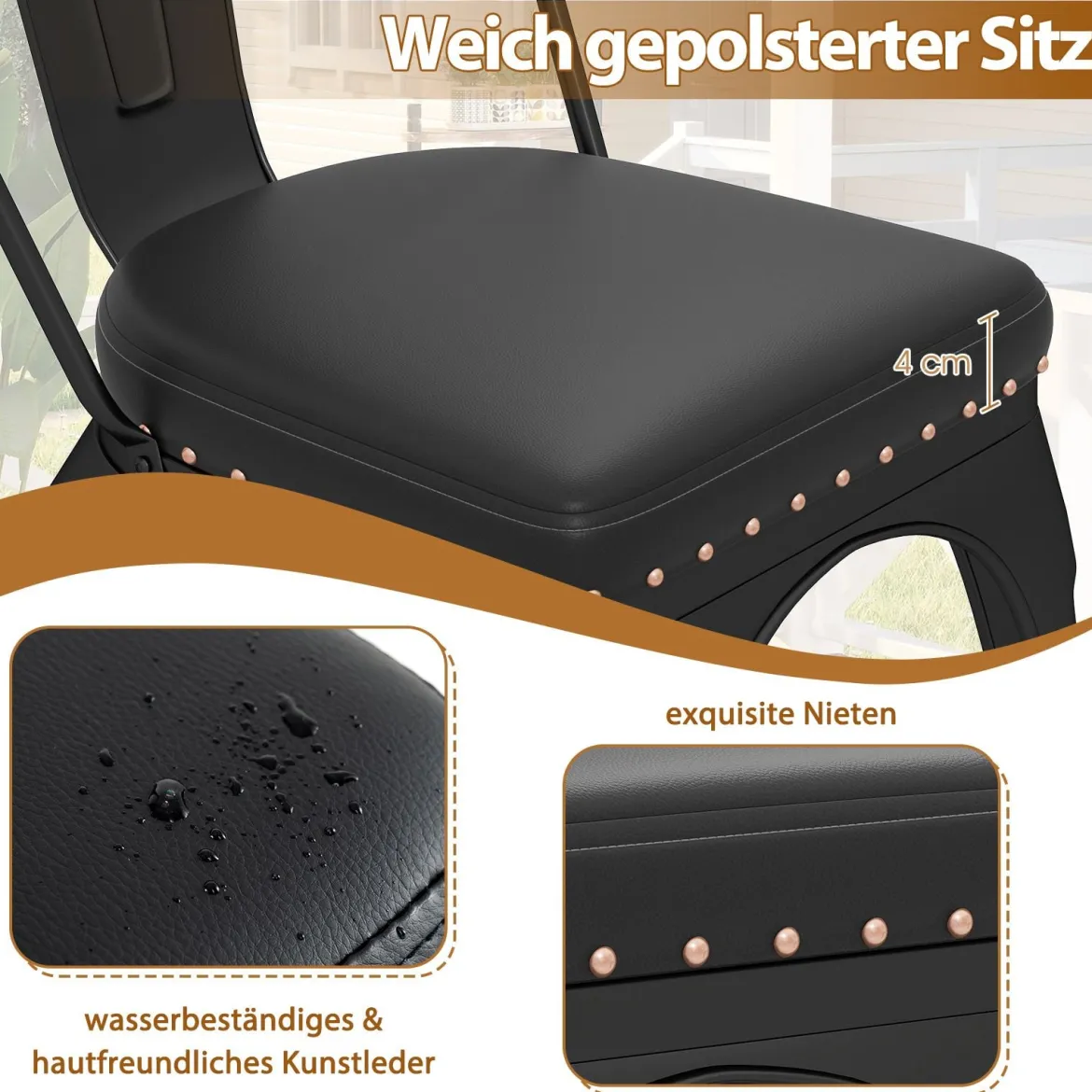 Esszimmerstühle 4er Set Bistrostuhl Metallstuhl stapelbar Küchenstühle gepolstert Gartenstühle mit Rückenlehne 44 x 53 x 84 cm Schwarz