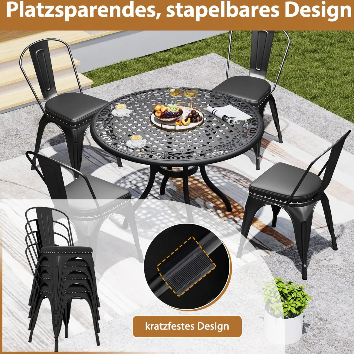 Esszimmerstühle 4er Set Bistrostuhl Metallstuhl stapelbar Küchenstühle gepolstert Gartenstühle mit Rückenlehne 44 x 53 x 84 cm Schwarz