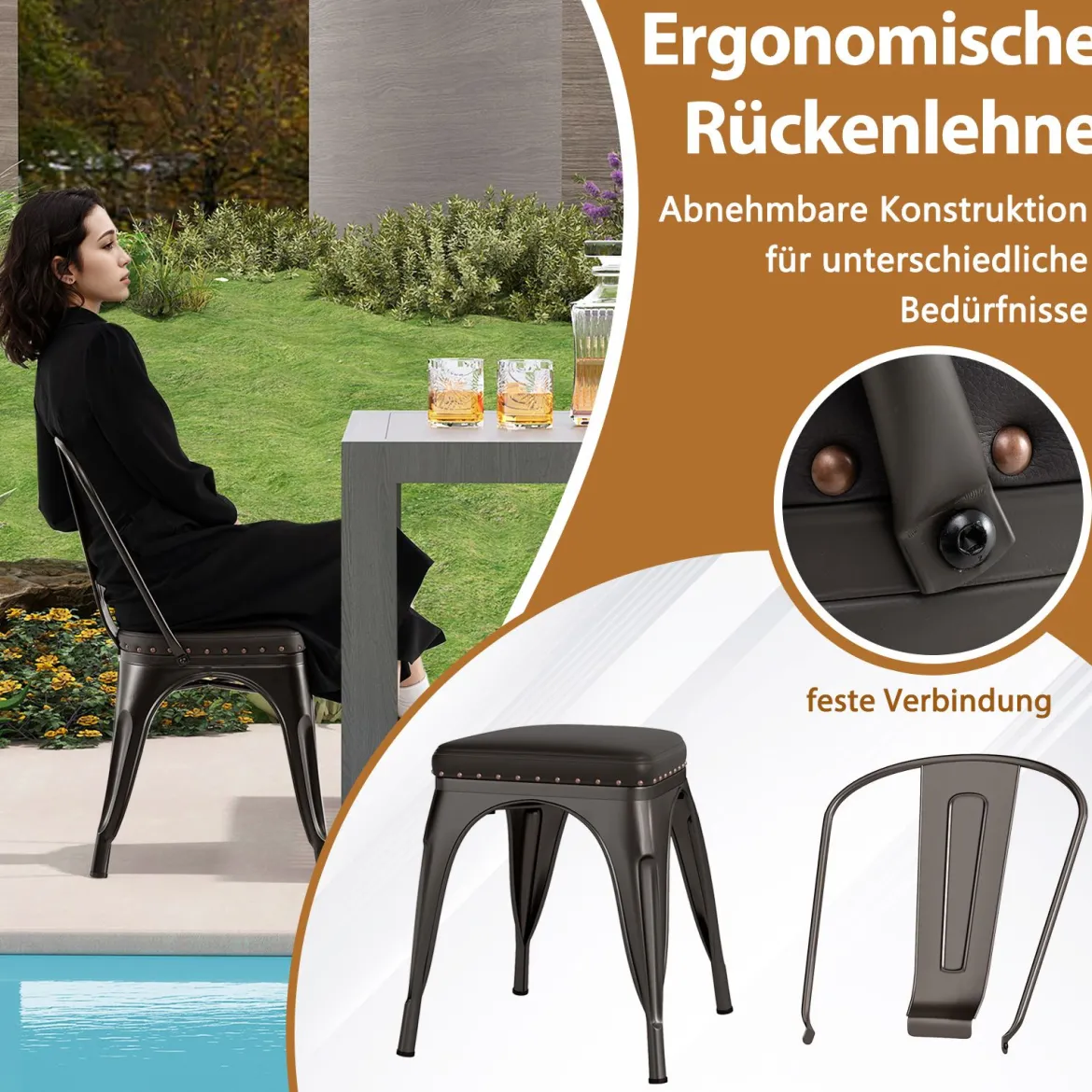 Esszimmerstühle 4er Set Bistrostuhl Metallstuhl stapelbar Küchenstühle gepolstert Gartenstühle mit Rückenlehne 44 x 53 x 84 cm Schussgrau