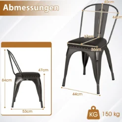 Esszimmerstühle 4er Set Bistrostuhl Metallstuhl stapelbar Küchenstühle gepolstert Gartenstühle mit Rückenlehne 44 x 53 x 84 cm Schussgrau