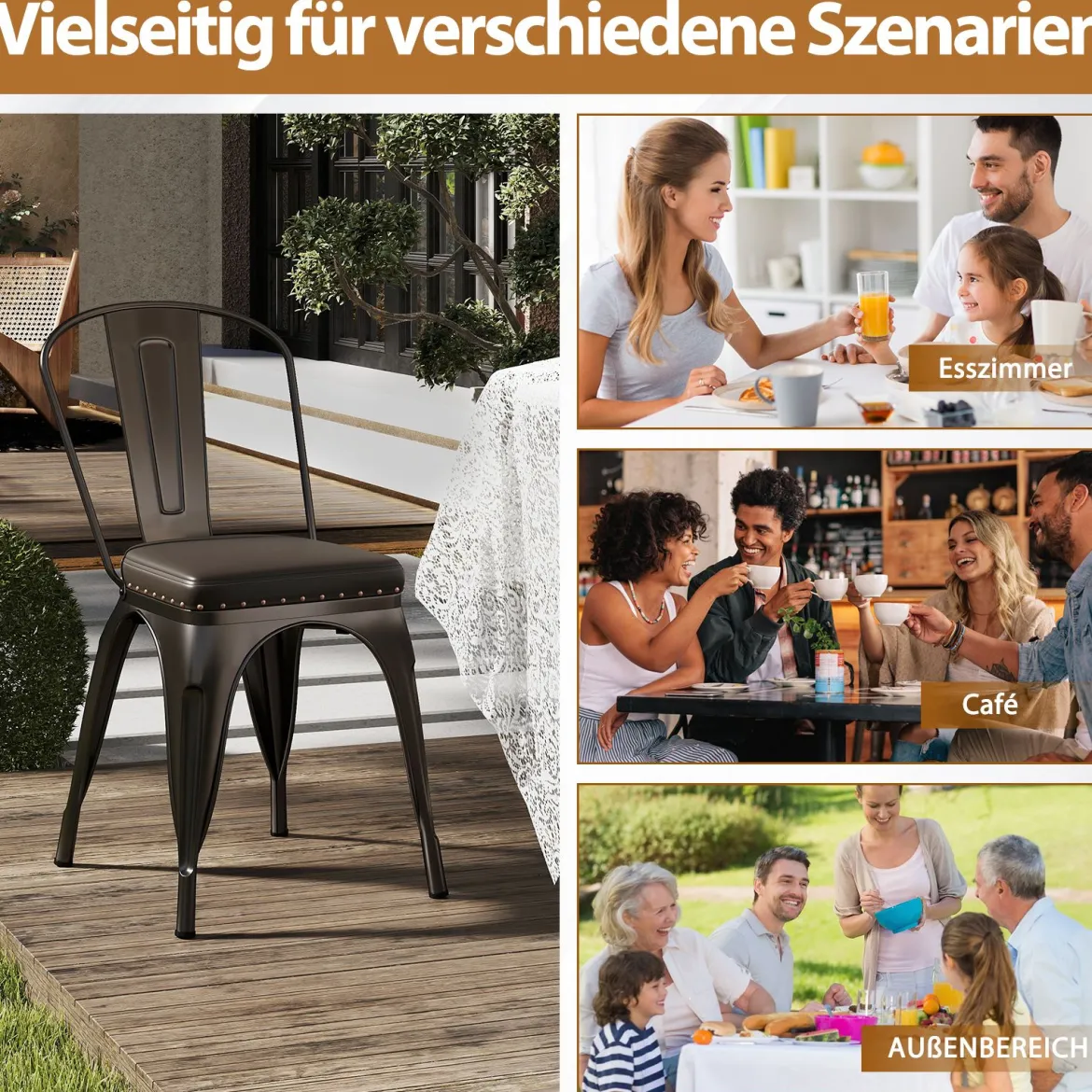 Esszimmerstühle 4er Set Bistrostuhl Metallstuhl stapelbar Küchenstühle gepolstert Gartenstühle mit Rückenlehne 44 x 53 x 84 cm Schussgrau