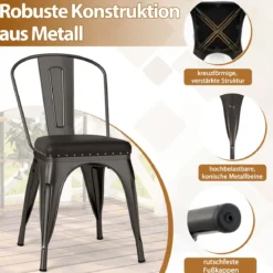 Esszimmerstühle 4er Set Bistrostuhl Metallstuhl stapelbar Küchenstühle gepolstert Gartenstühle mit Rückenlehne 44 x 53 x 84 cm Schussgrau