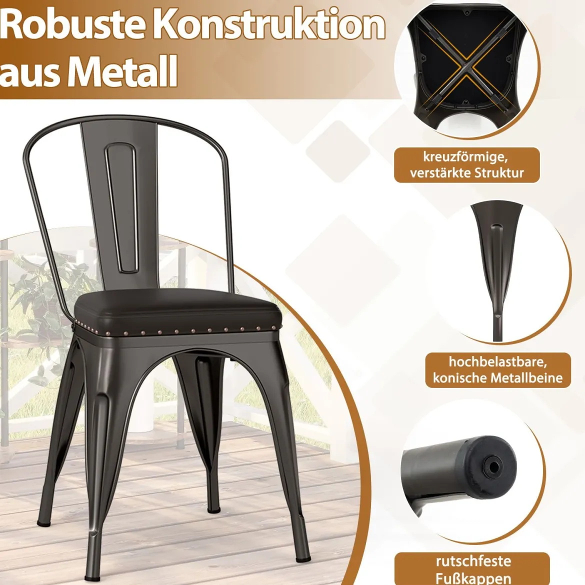 Esszimmerstühle 4er Set Bistrostuhl Metallstuhl stapelbar Küchenstühle gepolstert Gartenstühle mit Rückenlehne 44 x 53 x 84 cm Schussgrau