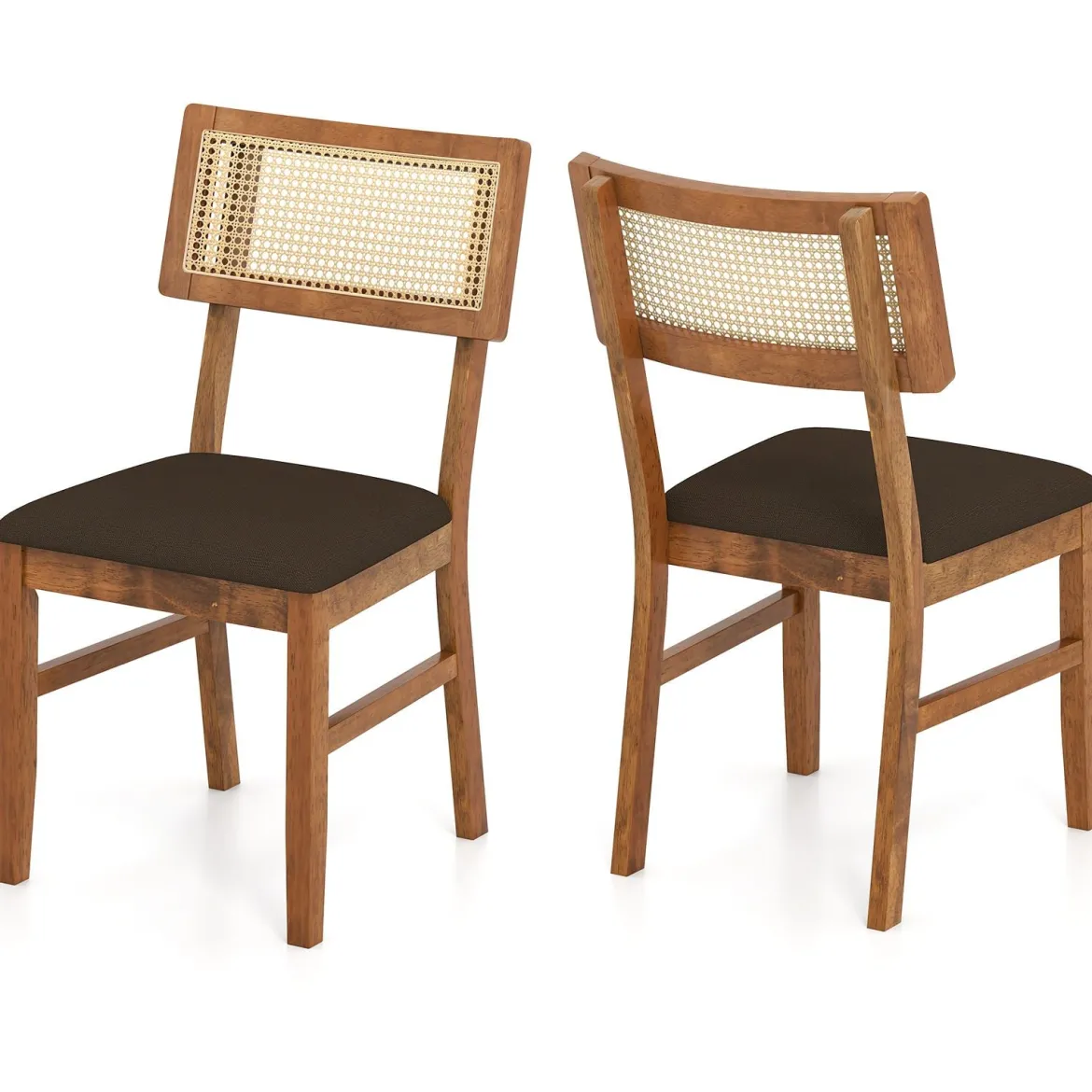 Esszimmerstühle 2er Set gepolsterte Esszimmerstühle mit handgewebter Rattan-Rückenlehne Braun