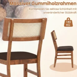 Esszimmerstühle 2er Set gepolsterte Esszimmerstühle mit handgewebter Rattan-Rückenlehne Braun