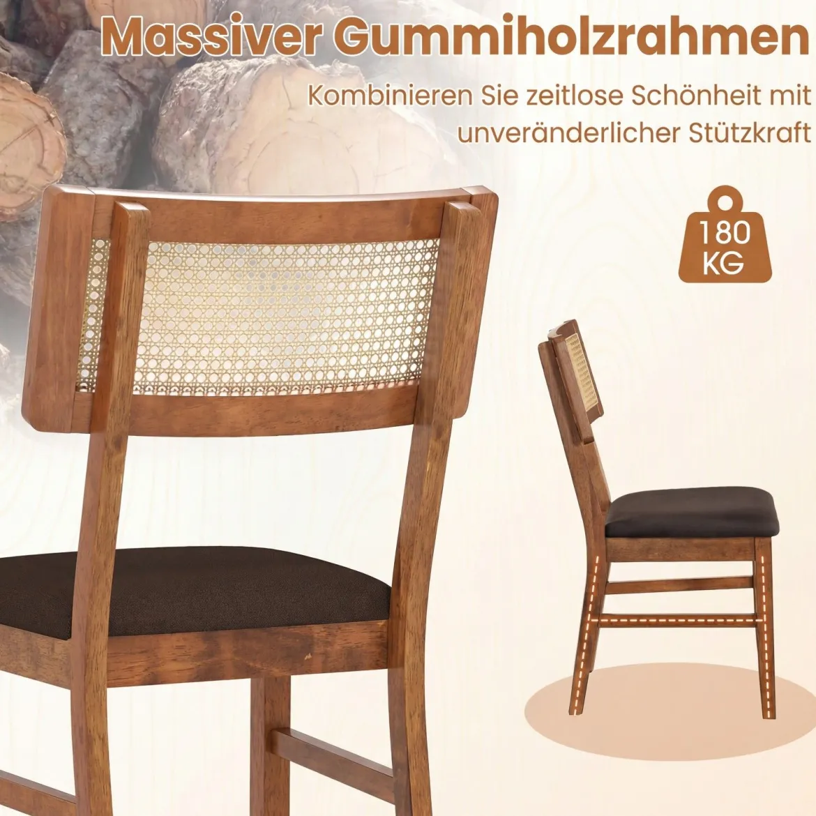Esszimmerstühle 2er Set gepolsterte Esszimmerstühle mit handgewebter Rattan-Rückenlehne Braun