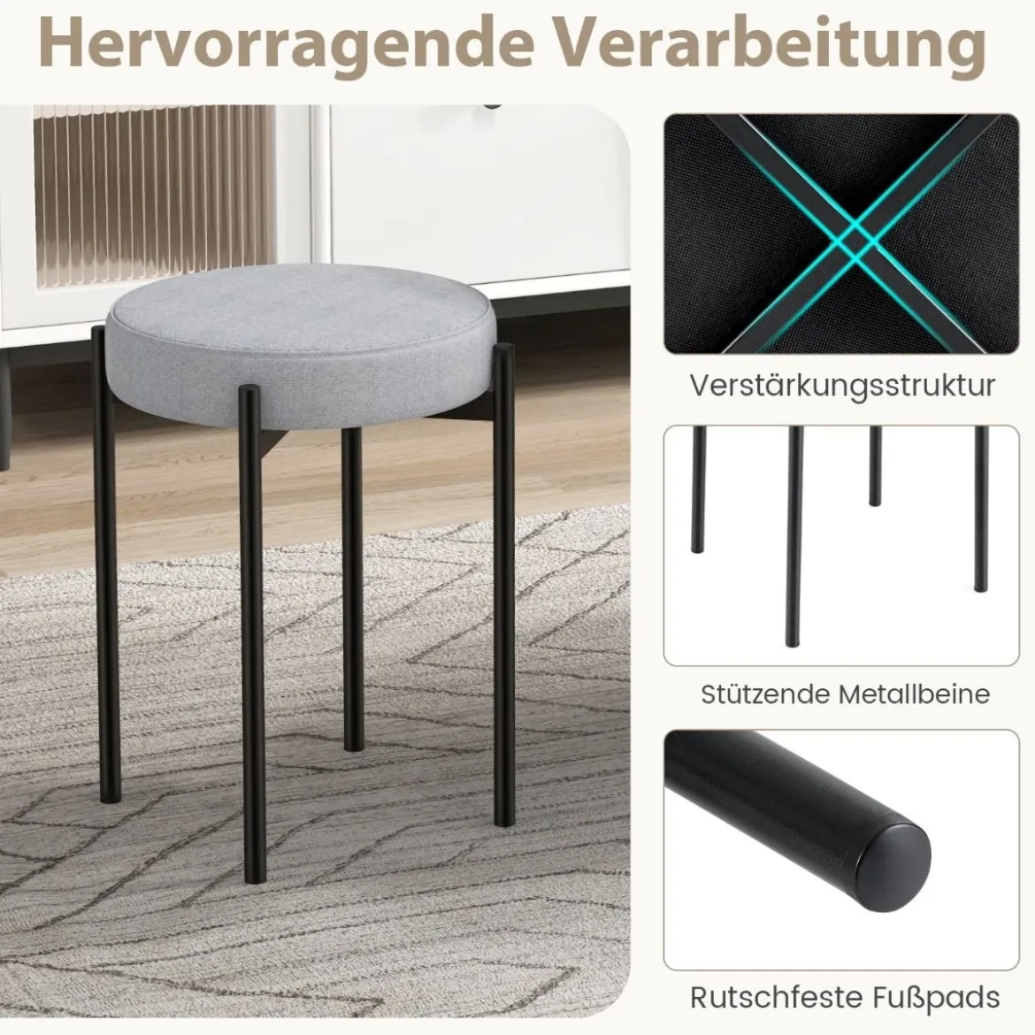 Esszimmerstühle 4er Set gepolsterte Küchenstuhl stapelbar mit Metallbeinen Hellgrau