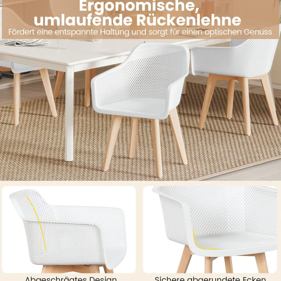 Esszimmerstühle 2er set Küchenstühle mit Holzbeinen atmungsaktive hohle Rückenlehne & breiter Sitz Akzent-Stühle Weiß