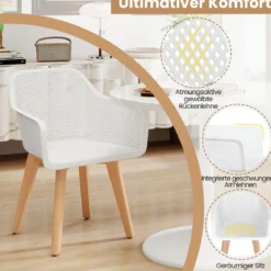 Esszimmerstühle 2er set Küchenstühle mit Holzbeinen atmungsaktive hohle Rückenlehne & breiter Sitz Akzent-Stühle Weiß