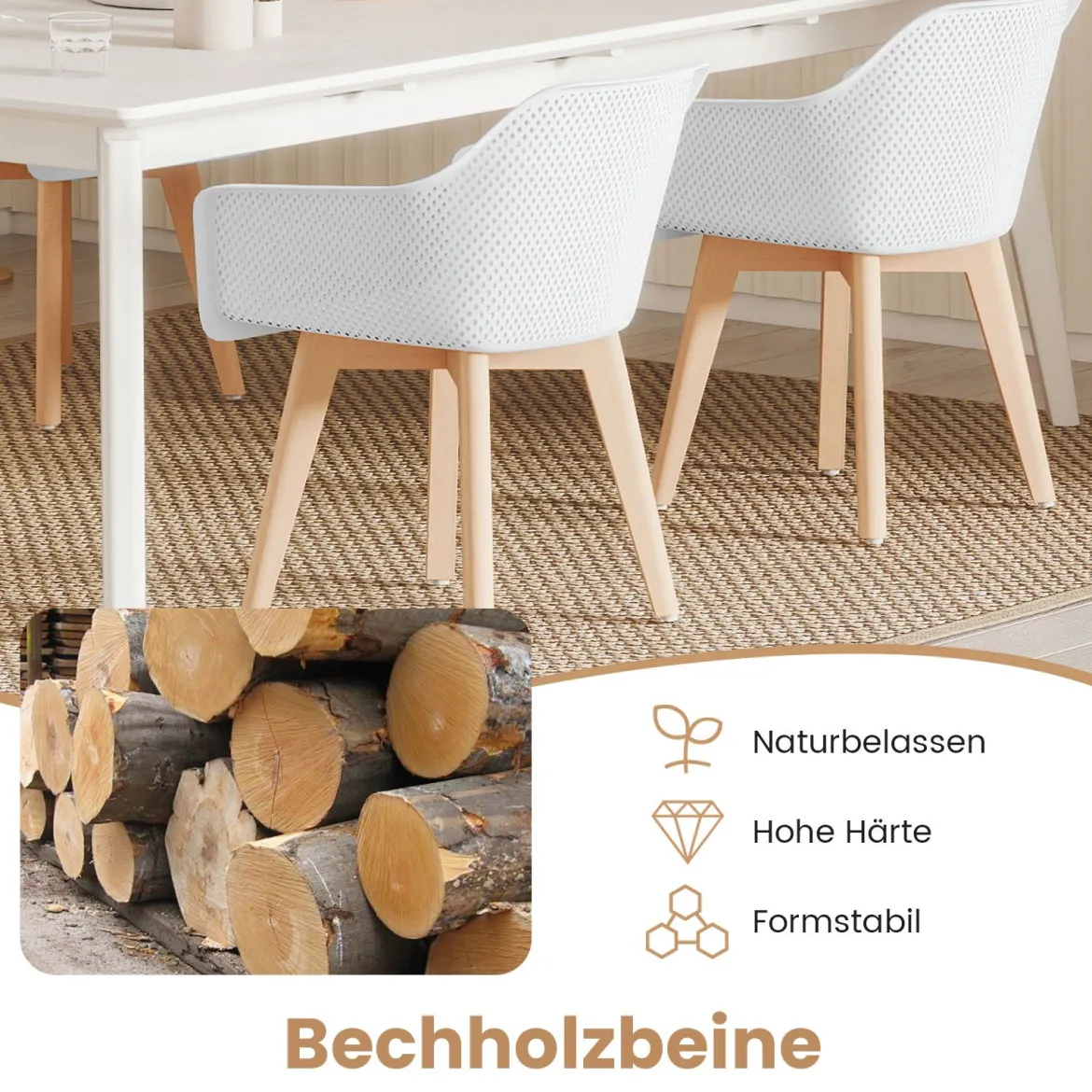 Esszimmerstühle 2er set Küchenstühle mit Holzbeinen atmungsaktive hohle Rückenlehne & breiter Sitz Akzent-Stühle Weiß