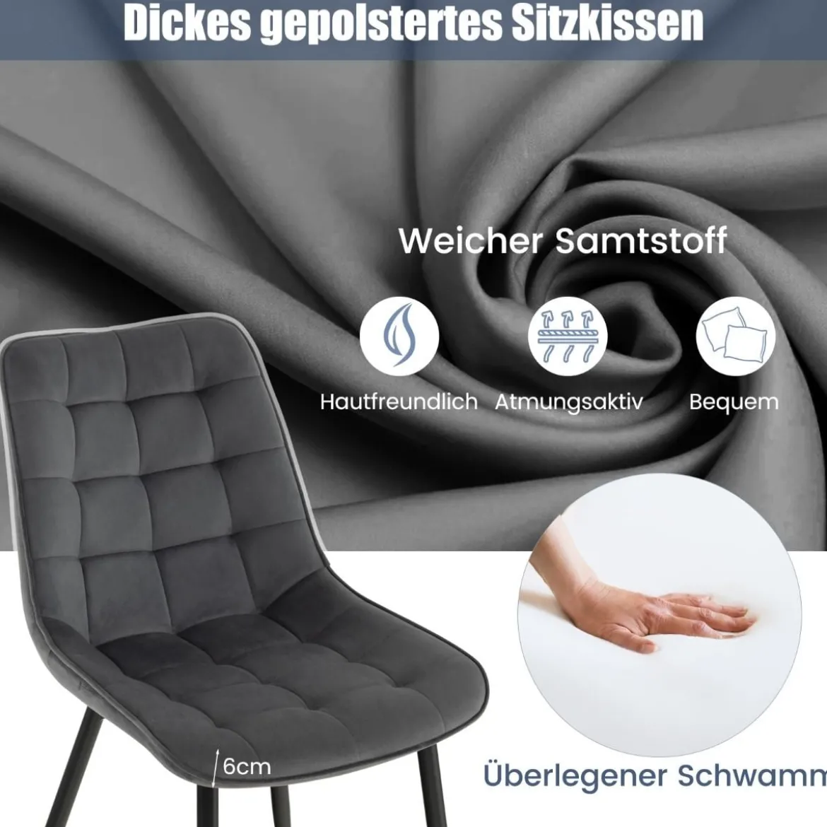 Esszimmerstühle 2er Set Küchenstühle mit gepolsterten Rückenlehnen & Sitzen Grau