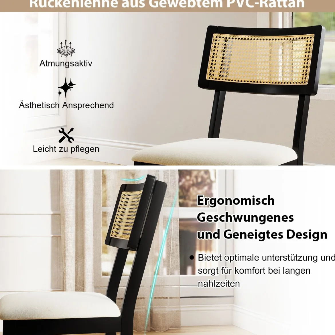 Esszimmerstühle 2er set Küchenstühle mit gepolstertem Sitz Gummibaumholz Beine Schwarz