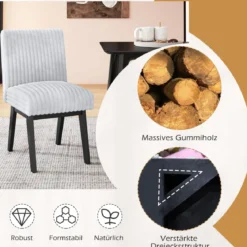 Esszimmerstühle 2er Set Küchenstühle mit gepolstertem Sitz, Gummiholzbeine & Rückenlehne Grau