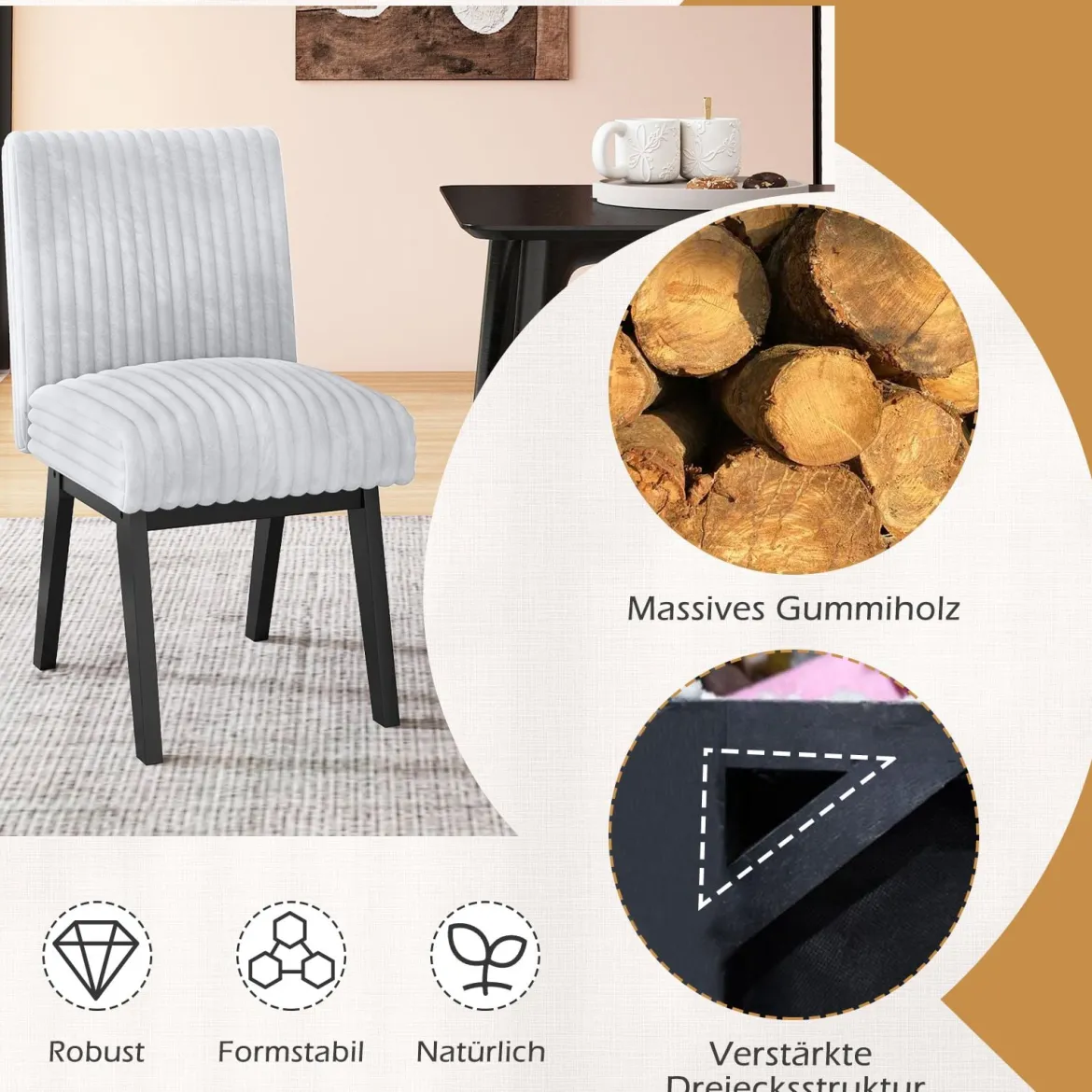 Esszimmerstühle 2er Set Küchenstühle mit gepolstertem Sitz, Gummiholzbeine & Rückenlehne Grau