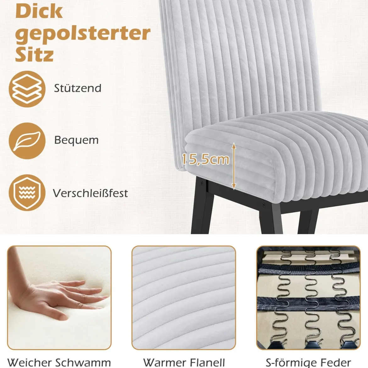Esszimmerstühle 2er Set Küchenstühle mit gepolstertem Sitz, Gummiholzbeine & Rückenlehne Grau
