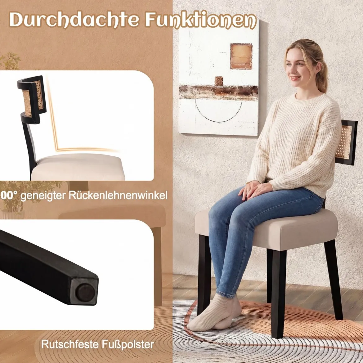 Esszimmerstuhl Küchenstuhl mit Rattan Rückenlehne gepolsterter Sitz & Holzbeine Schwarz