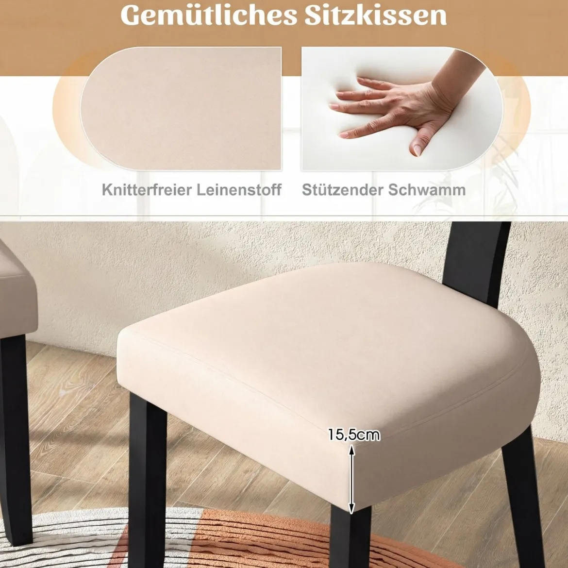 Esszimmerstuhl Küchenstuhl mit Rattan Rückenlehne gepolsterter Sitz & Holzbeine Schwarz