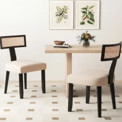 Esszimmerstuhl Küchenstuhl mit Rattan Rückenlehne gepolsterter Sitz & Holzbeine Schwarz