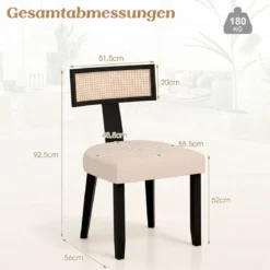 Esszimmerstuhl Küchenstuhl mit Rattan Rückenlehne gepolsterter Sitz & Holzbeine Schwarz