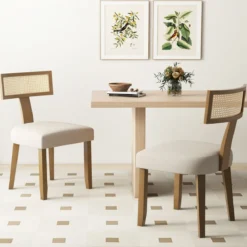 Esszimmerstuhl Küchenstuhl mit Rattan Rückenlehne gepolsterter Sitz & Holzbeine Beige