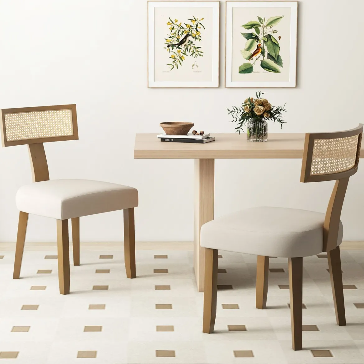 Esszimmerstuhl Küchenstuhl mit Rattan Rückenlehne gepolsterter Sitz & Holzbeine Beige