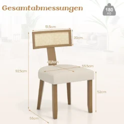 Esszimmerstuhl Küchenstuhl mit Rattan Rückenlehne gepolsterter Sitz & Holzbeine Beige