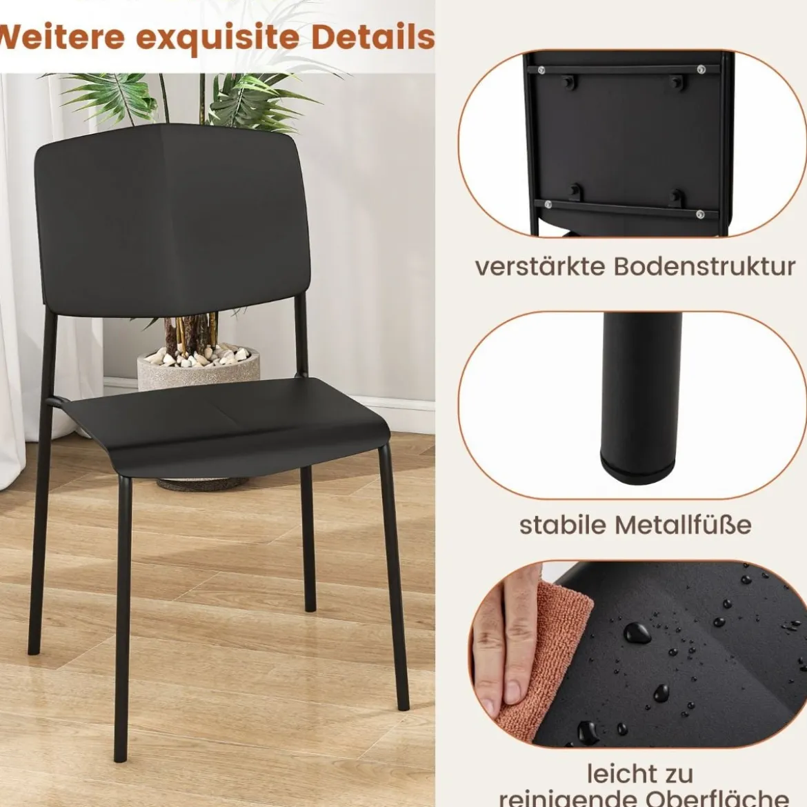 Esszimmerstuhl-Set aus 4 Stühlen Küchenstühle mit Rückenlehne stapelbare Küchensessel Bunt/Schwarz