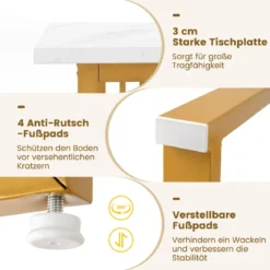 Esszimmertisch Holz 160 x 60 cm rechteckiger Küchentisch mit Marmoroptik & Metallbeinen Weiß + Gold