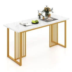 Esszimmertisch Holz 160 x 60 cm rechteckiger Küchentisch mit Marmoroptik & Metallbeinen Weiß + Gold
