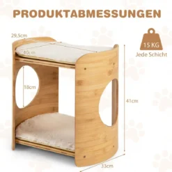 2 Etagen Bambus Katzenbett mit Abnehmbaren Plüschmatten & 2 Katzenlöchern Katzenschlafplatz