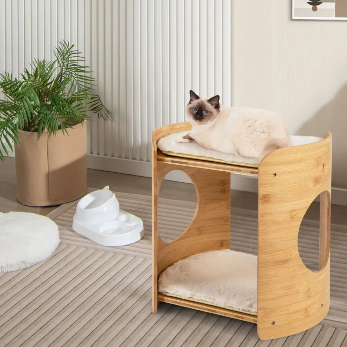 2 Etagen Bambus Katzenbett mit Abnehmbaren Plüschmatten & 2 Katzenlöchern Katzenschlafplatz