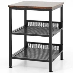 3 Etagen Beistelltisch mit Metallgestell & 2 Gitterablagen Quadratischer Nachttisch Industrie Design