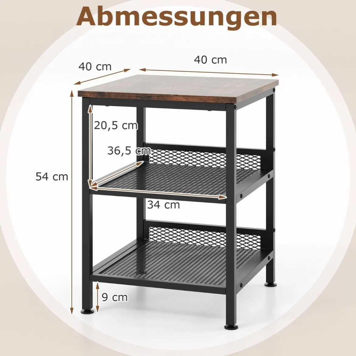 3 Etagen Beistelltisch mit Metallgestell & 2 Gitterablagen Quadratischer Nachttisch Industrie Design