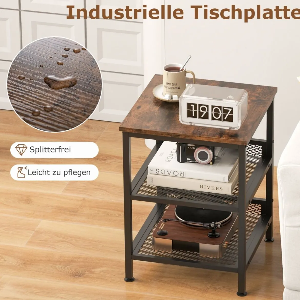 3 Etagen Beistelltisch mit Metallgestell & 2 Gitterablagen Quadratischer Nachttisch Industrie Design