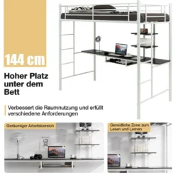 Etagenbettgestell Hochbett aus Metall mit Schreibtisch Leitern & Geländer Weiß