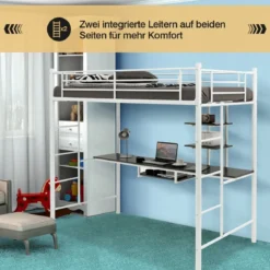 Etagenbettgestell Hochbett aus Metall mit Schreibtisch Leitern & Geländer Weiß