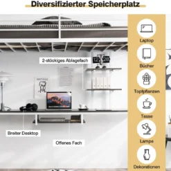 Etagenbettgestell Hochbett aus Metall mit Schreibtisch Leitern & Geländer Weiß