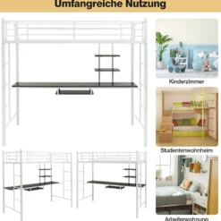 Etagenbettgestell Hochbett aus Metall mit Schreibtisch Leitern & Geländer Weiß