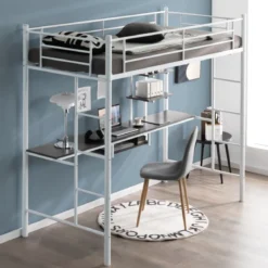 Etagenbettgestell Hochbett aus Metall mit Schreibtisch Leitern & Geländer Weiß